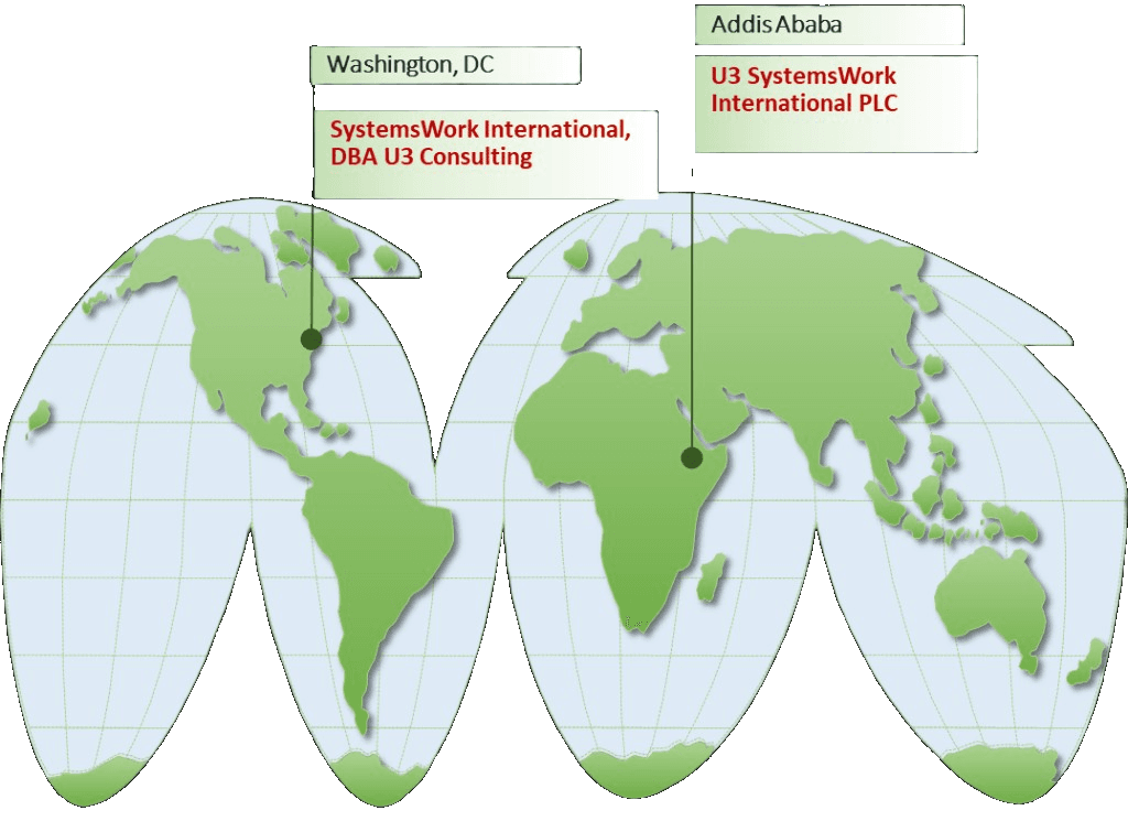 World map highlighting U3 SystemsWork organizations in Washington DC and Addis Ababa