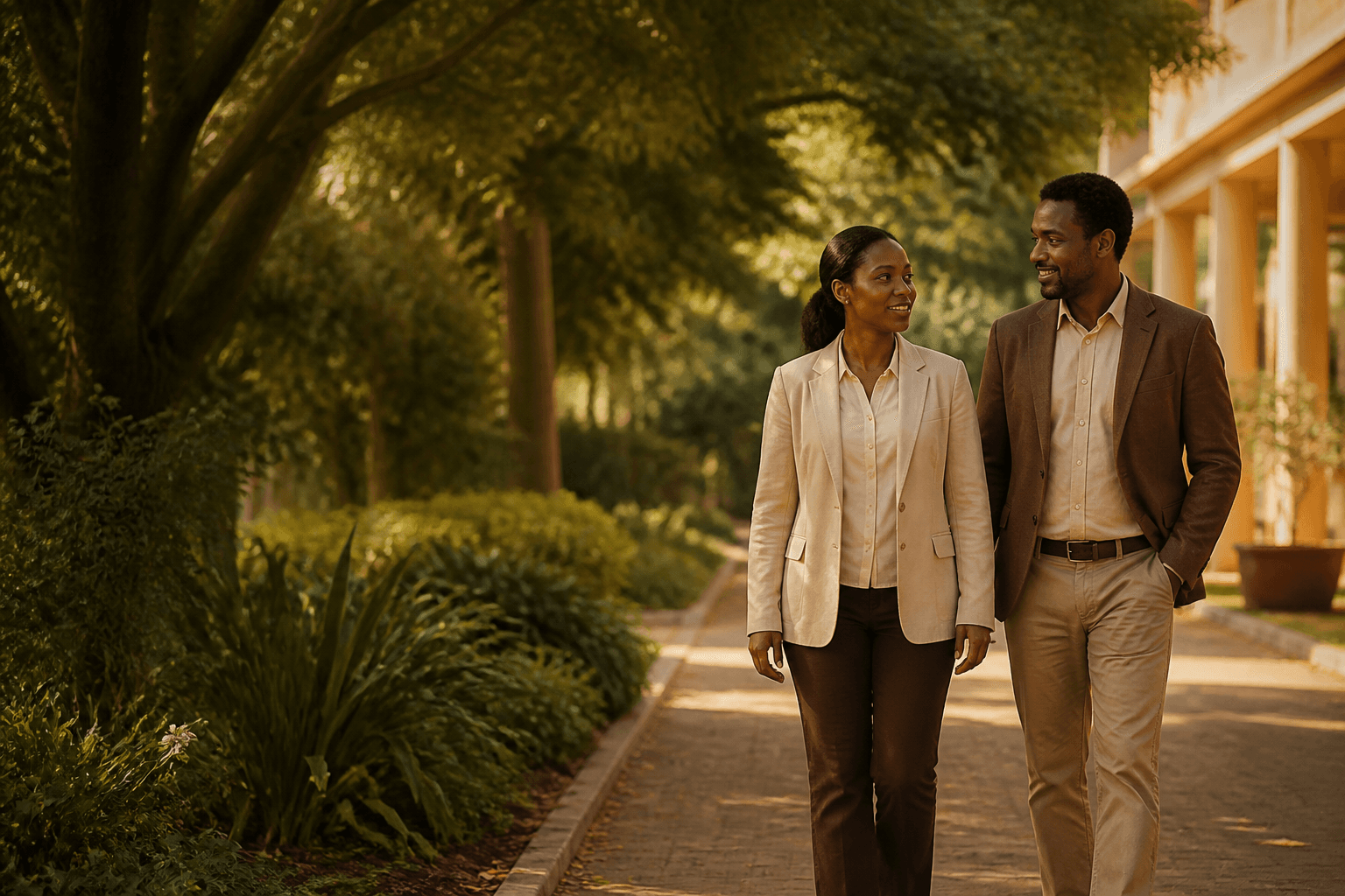 Ethiopian professionals walking a sunlit path suggesting progress and direction